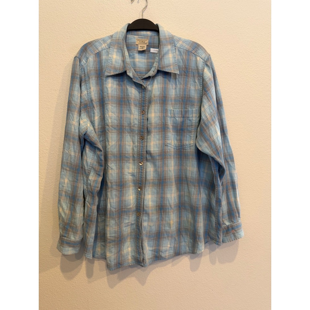 L.L. Bean Womens 2X Blue Plaid Cotton Long Sleeve Button Down Shirt 0WJ27